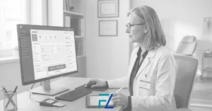 Medico nel suo studio privato che utilizza un computer per l'invio telematico dei referti XML al Fascicolo Sanitario Elettronico 2.0